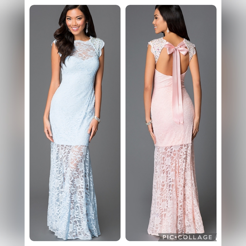 Morgan Co Light Pink Peach Lace Rhinestones Bow Detail Formal Gown Small 3, 4